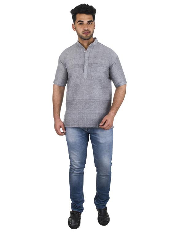 grey solid khadi cotton short kurta - 17207749 - Zoom Image - 4