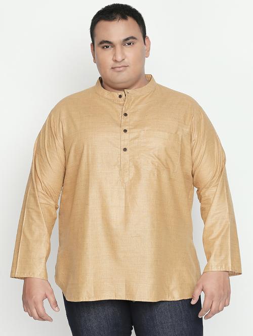 plus beige solid silk blend short kurta - 17210200 - Standard Image - 1