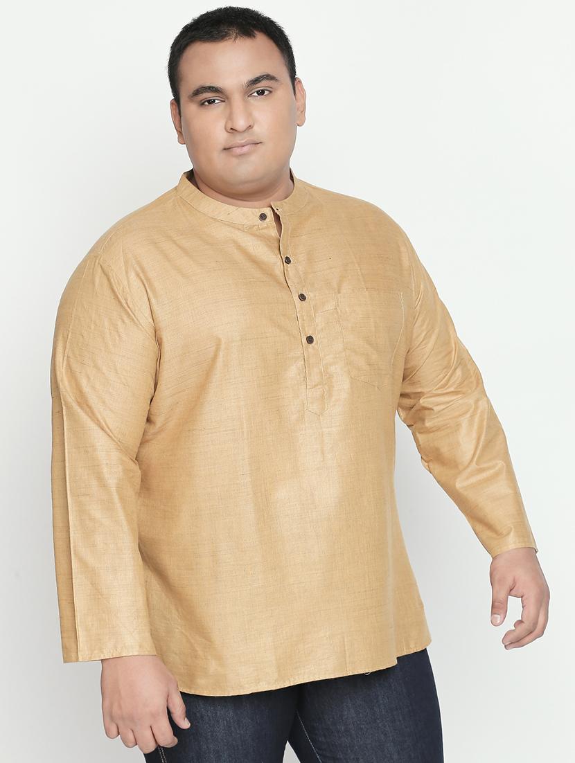 plus beige solid silk blend short kurta - 17210200 - Zoom Image - 2