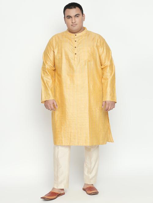 yellow striped silk blend long kurta - 17210206 - Standard Image - 1