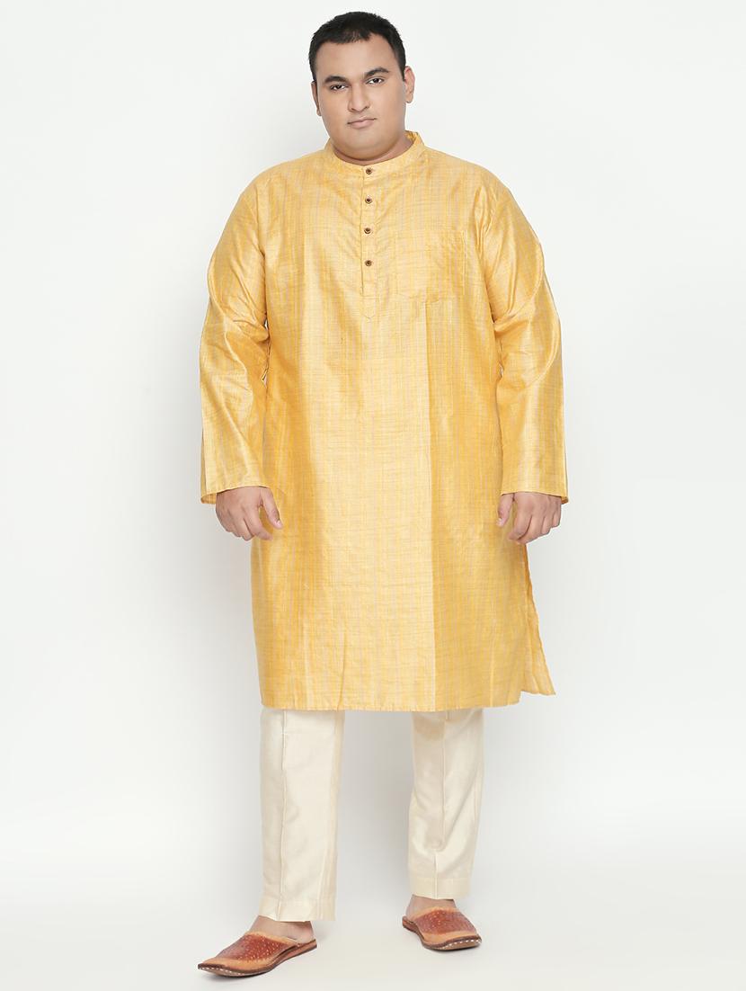 yellow striped silk blend long kurta - 17210206 - Zoom Image - 1