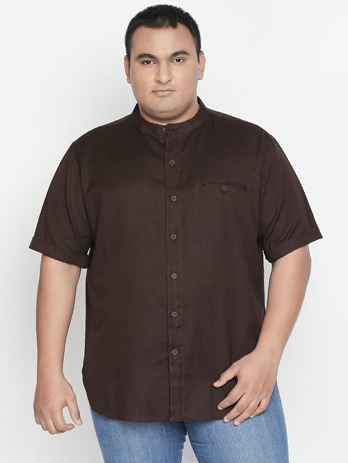 plus size brown solid cotton linen casual shirt - 17210229 - Standard Image - 1