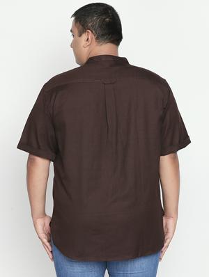 plus size brown solid cotton linen casual shirt - 17210229 - Standard Image - 3