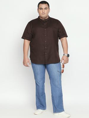 plus size brown solid cotton linen casual shirt - 17210229 - Standard Image - 4