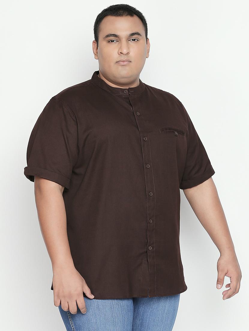 plus size brown solid cotton linen casual shirt - 17210229 - Zoom Image - 2