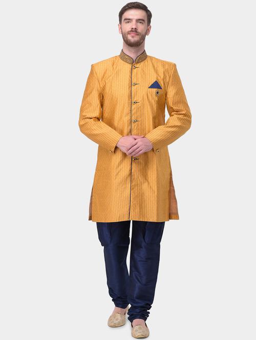 brown striped silk blend sherwani set - 17213267 - Standard Image - 1