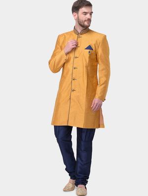 brown striped silk blend sherwani set - 17213267 - Standard Image - 2