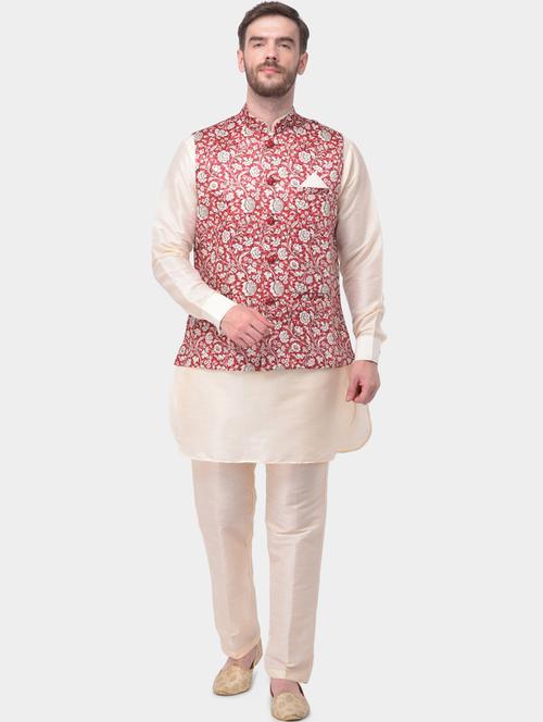 beige solid silk blend kurta pyjama set with printed nehru jacket - 17213302 - Standard Image - 1
