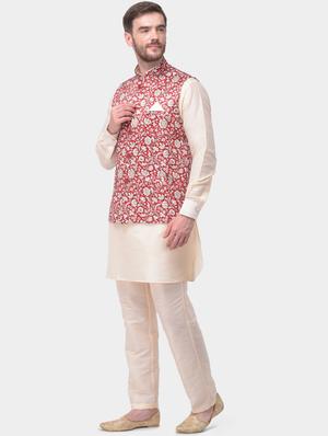beige solid silk blend kurta pyjama set with printed nehru jacket - 17213302 - Standard Image - 2