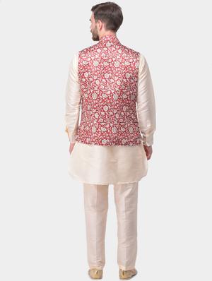 beige solid silk blend kurta pyjama set with printed nehru jacket - 17213302 - Standard Image - 3