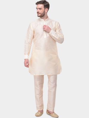 beige solid silk blend kurta pyjama set with printed nehru jacket - 17213302 - Standard Image - 4