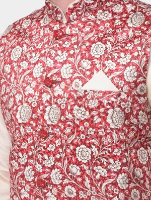 beige solid silk blend kurta pyjama set with printed nehru jacket - 17213302 - Standard Image - 6