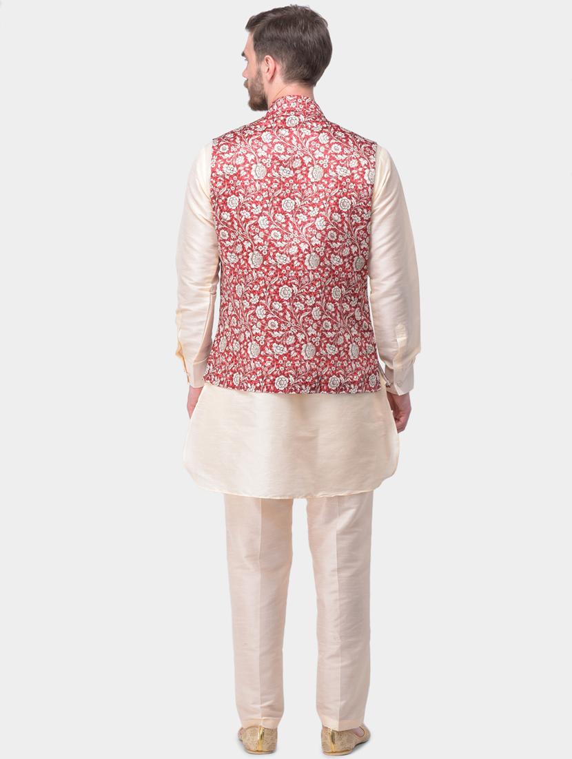 beige solid silk blend kurta pyjama set with printed nehru jacket - 17213302 - Zoom Image - 3