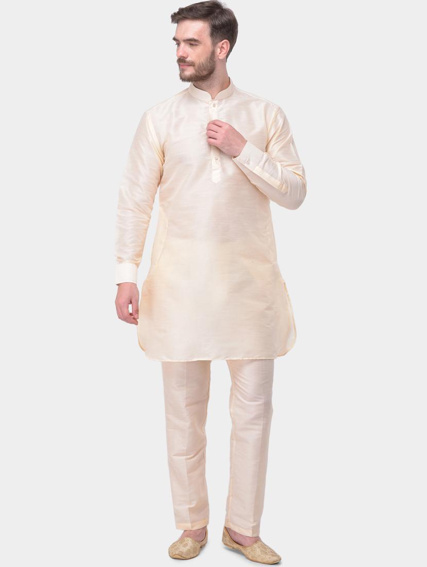 beige solid silk blend kurta pyjama set with printed nehru jacket - 17213302 - Zoom Image - 4