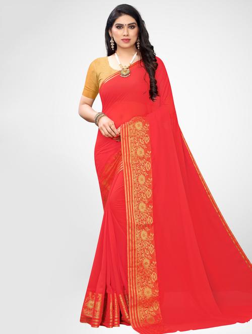 solid bordered woven saree with blouse - 17215761 - Standard Image - 1