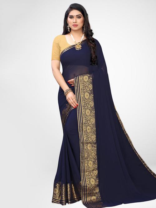 solid bordered woven saree with blouse - 17215765 - Standard Image - 1