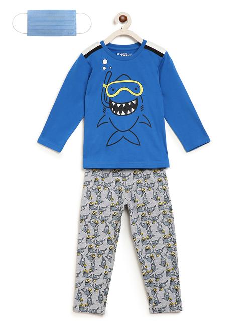 blue cotton pyjama set nightwear with free mask - 17218778 - Standard Image - 1