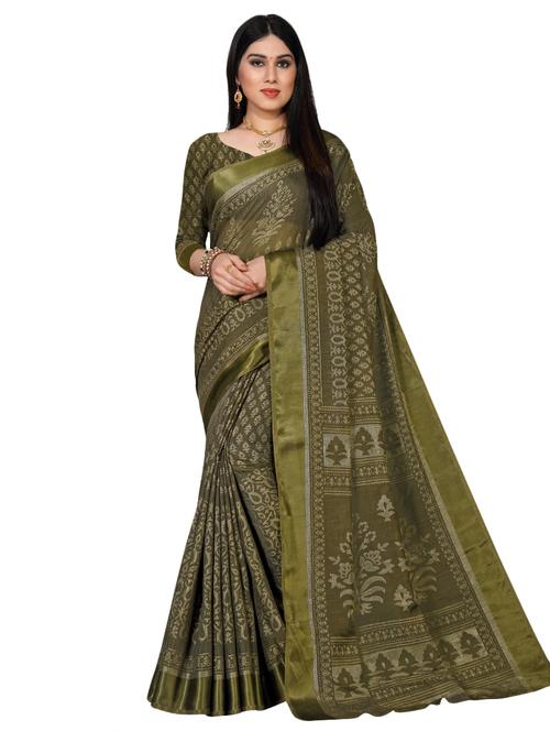 olive printed saree with blouse - 17220893 - Standard Image - 1