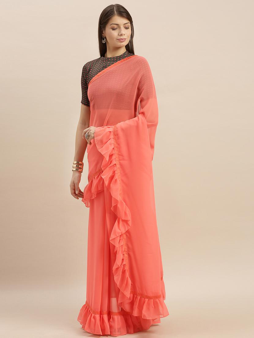 ruffle solid saree with blouse - 17227276 - Zoom Image - 1