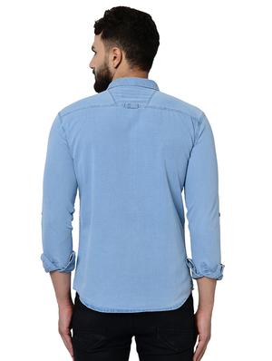 blue solid denim casual shirt - 17234488 - Standard Image - 3