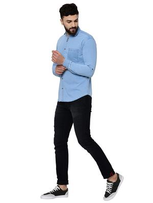 blue solid denim casual shirt - 17234488 - Standard Image - 4