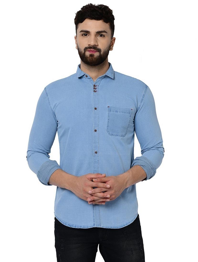 blue solid denim casual shirt - 17234488 - Zoom Image - 1