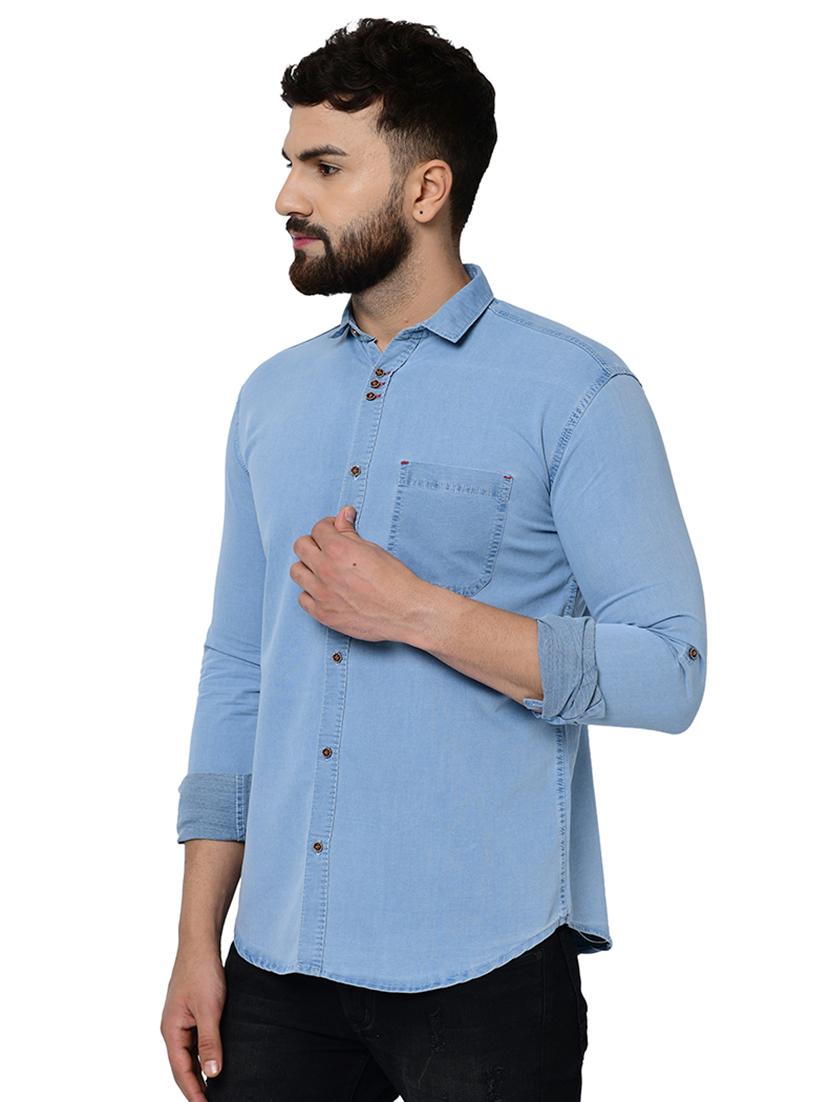 blue solid denim casual shirt - 17234488 - Zoom Image - 2