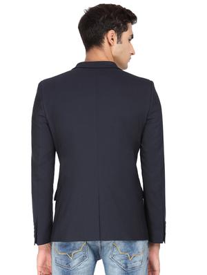 navy blue solid single breasted casual blazer - 17234620 - Standard Image - 3