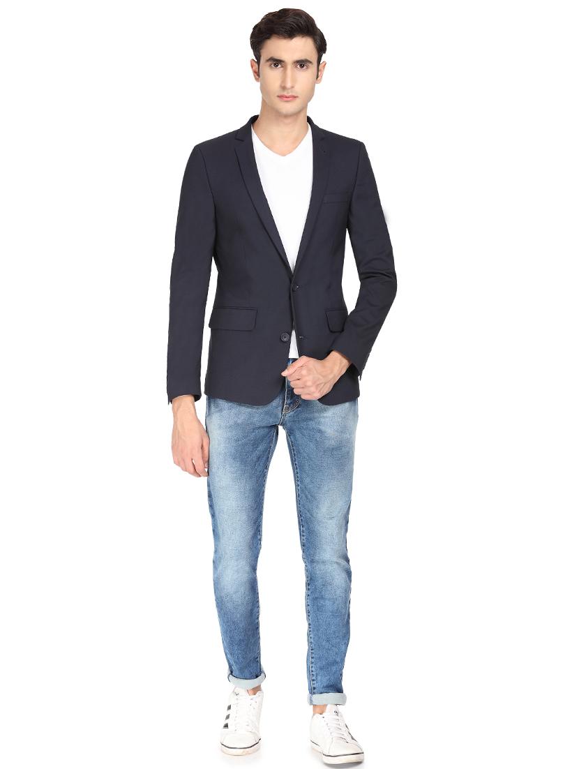 navy blue solid single breasted casual blazer - 17234620 - Zoom Image - 4