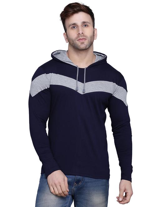 navy blue color block cut & sew hooded t-shirt - 17239545 - Standard Image - 1
