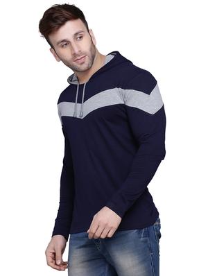 navy blue color block cut & sew hooded t-shirt - 17239545 - Standard Image - 2