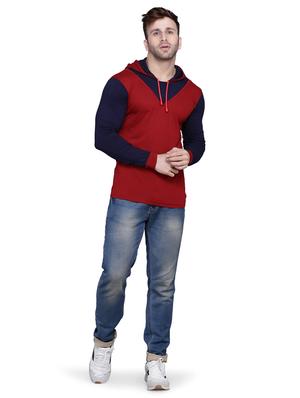 maroon color block cut & sew hooded t-shirt - 17239559 - Standard Image - 3
