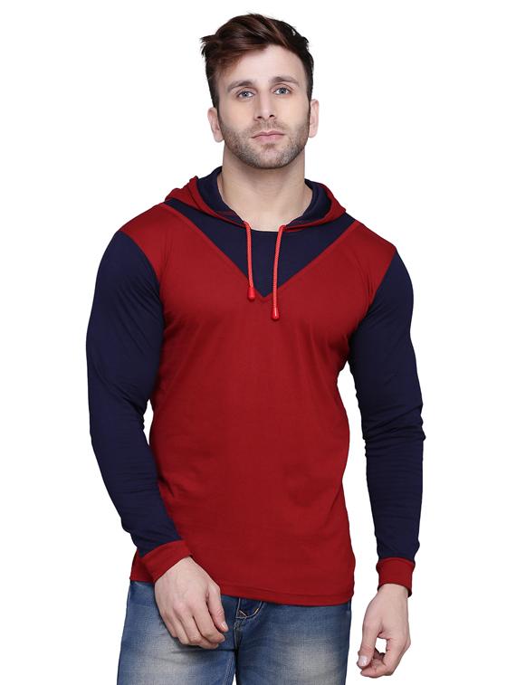 maroon color block cut & sew hooded t-shirt - 17239559 - Zoom Image - 1