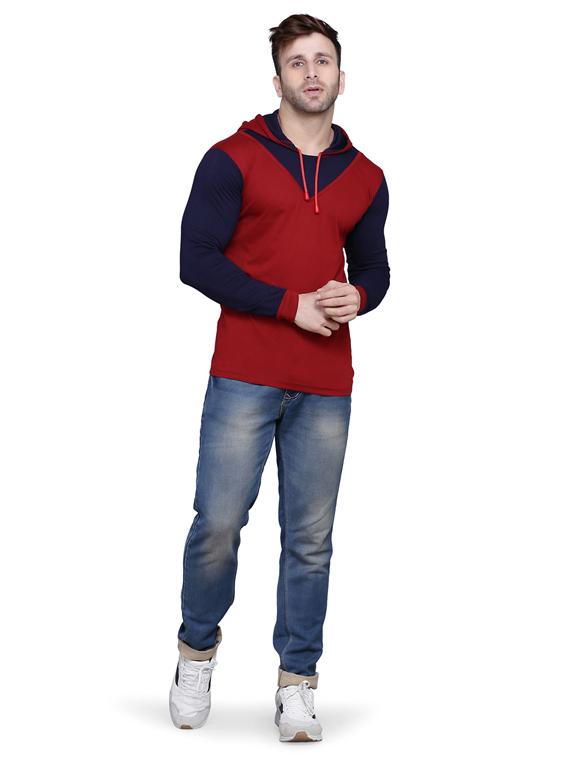 maroon color block cut & sew hooded t-shirt - 17239559 - Zoom Image - 3