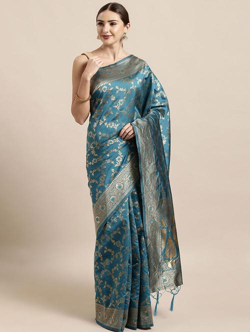 sky blue silk blend banarasi saree with blouse - 17239920 - Standard Image - 1