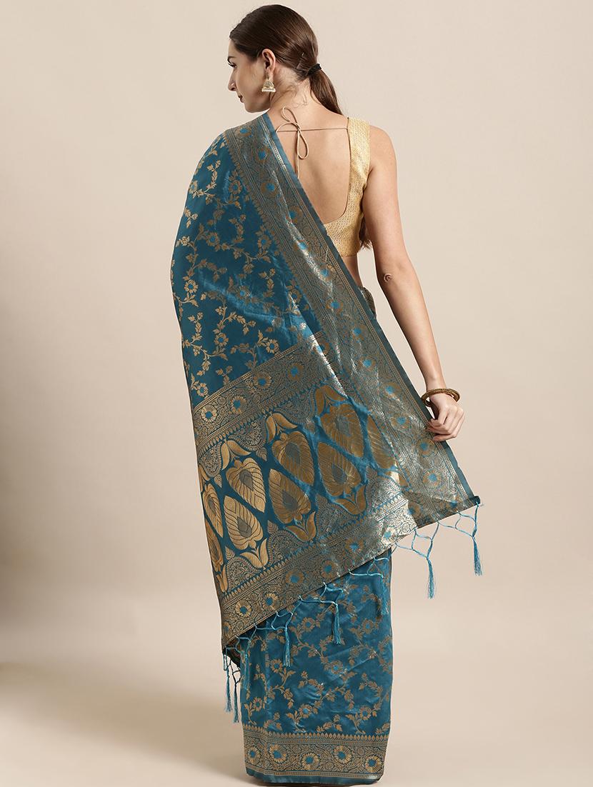 sky blue silk blend banarasi saree with blouse - 17239920 - Zoom Image - 2