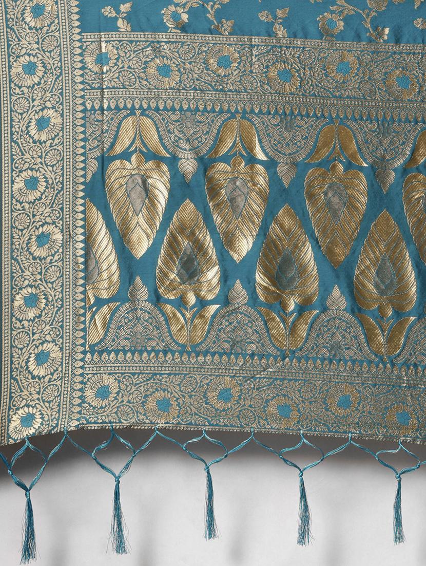 sky blue silk blend banarasi saree with blouse - 17239920 - Zoom Image - 4