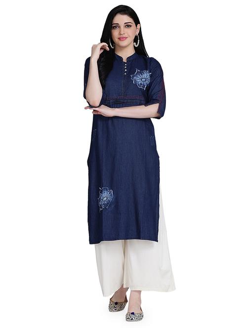 embroidered denim straight kurta - 17240834 - Standard Image - 1