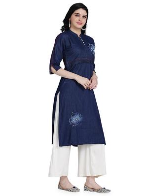 embroidered denim straight kurta - 17240834 - Standard Image - 2