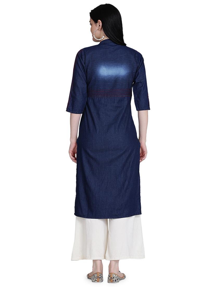 embroidered denim straight kurta - 17240834 - Zoom Image - 3