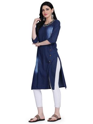 embroidered denim straight kurta - 17240838 - Standard Image - 2