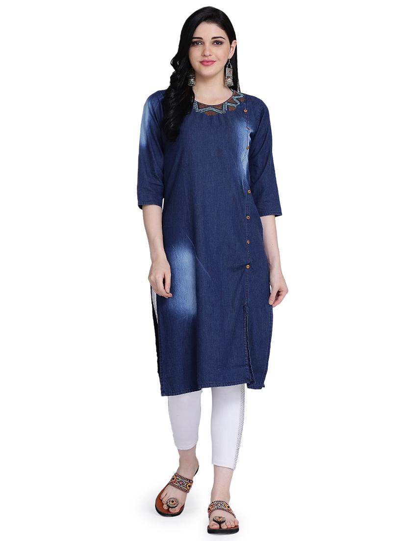 embroidered denim straight kurta - 17240838 - Zoom Image - 1
