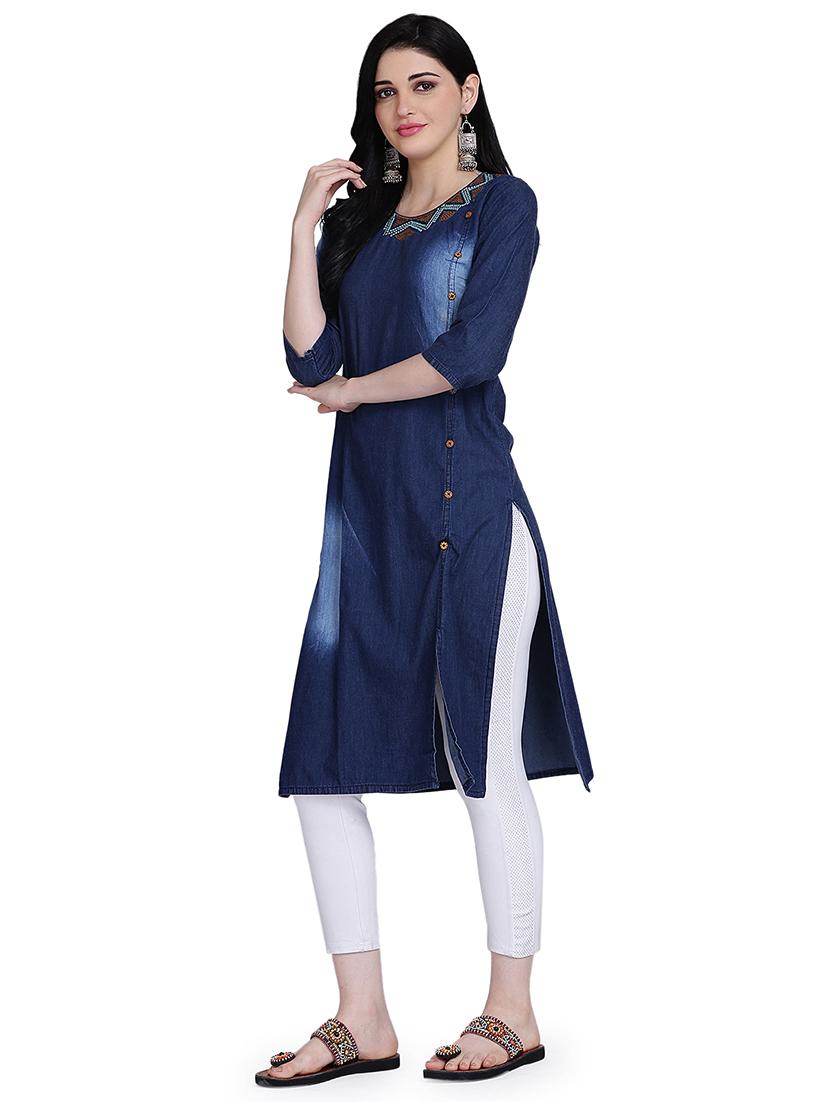 embroidered denim straight kurta - 17240838 - Zoom Image - 2