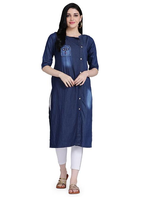 embroidered denim straight kurta - 17240844 - Standard Image - 1