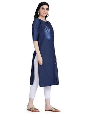embroidered denim straight kurta - 17240844 - Standard Image - 2