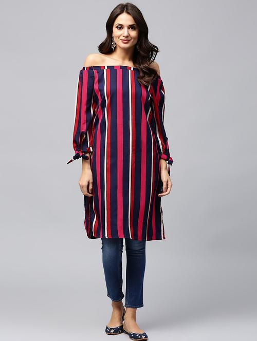 off shoulder striped straight kurta - 17252093 - Standard Image - 1