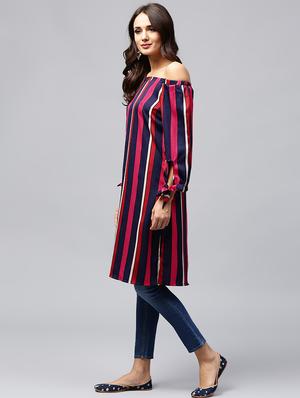 off shoulder striped straight kurta - 17252093 - Standard Image - 2