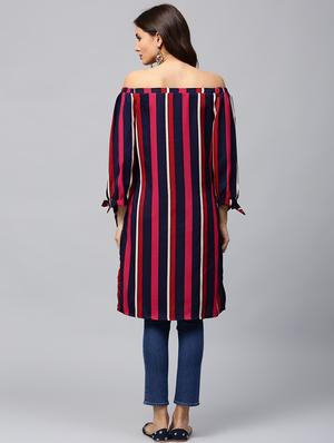 off shoulder striped straight kurta - 17252093 - Standard Image - 3