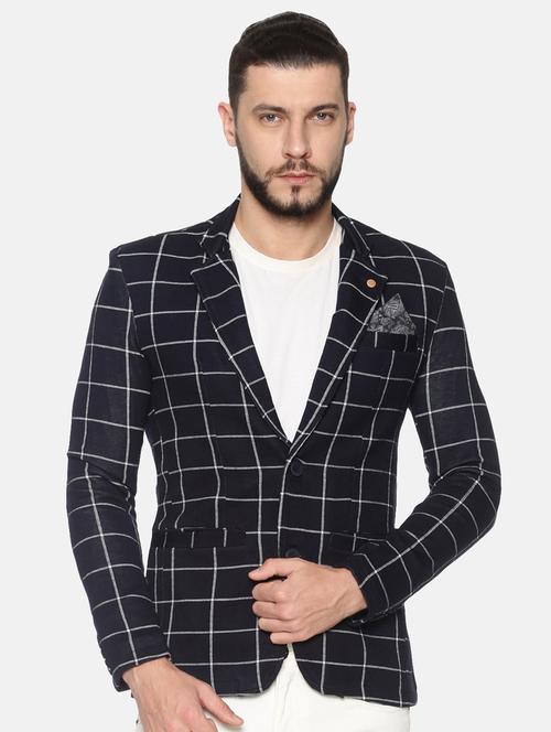 navy blue checkered single breasted casual blazer - 17257085 - Standard Image - 1