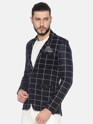 navy blue checkered single breasted casual blazer - 17257085 - Standard Image - 2